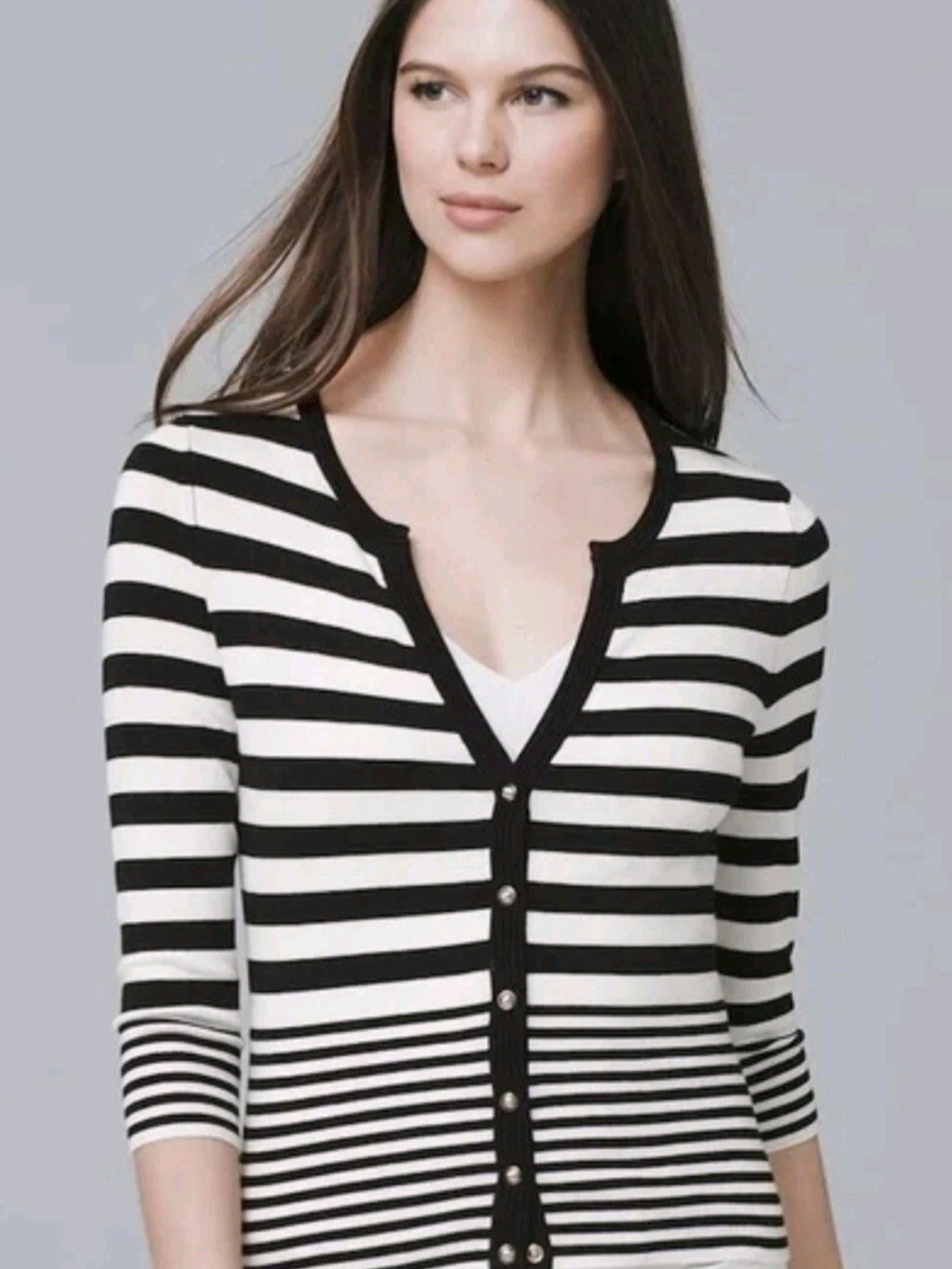 White House Black Market Black & White Striped V‑Neck Cardigan Size Small